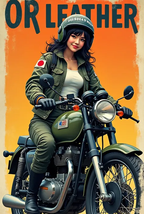 Pop Art Style. young, , Smiling Japanese woman, Messy black hair、He is wearing a stylish flight jacket with a Japanese flag patch on the shoulder..。, Durable cargo pants, Durable boots, Vintage helmet and gloves, Confident on a military bike in Zero fighte...