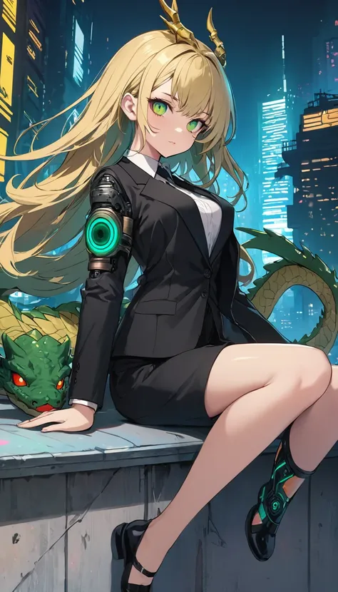 BREAK Perfect Anatomy、(High resolution:1.2)、Incredible illustrations、(Cute illustrations:1.2)、() （Skyscraper rooftop)(looking at viewer)dark business suit、,1girl(Dragon Goddess，Blonde、Green Eyes（Artificial eye）、prosthetic limb）､Cyberpunk