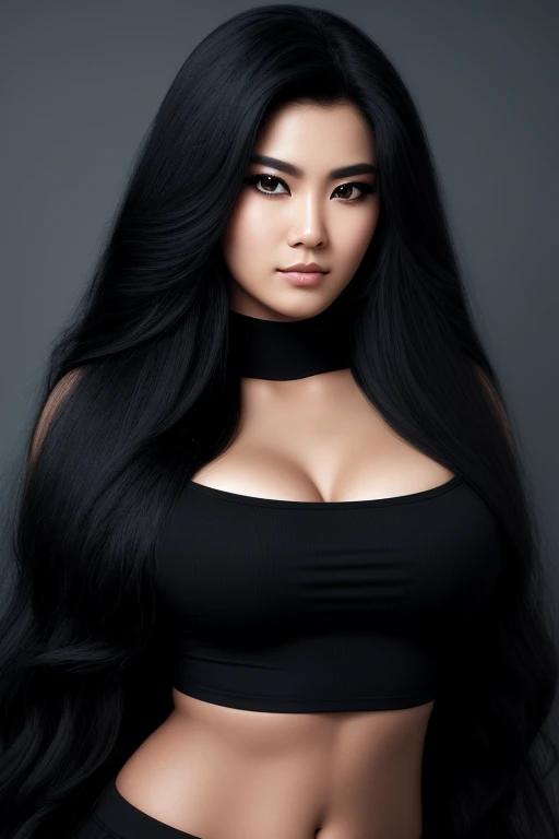 most very jet black hair , very long hair, very wolf hair, thick hair,fluffy hair,most very heavy-weight hairstyle,most very stiff hair,most very voluminous hair,female jail officer,black uniform,black pants,1 Japanese woman,most very angry face,strict wom...