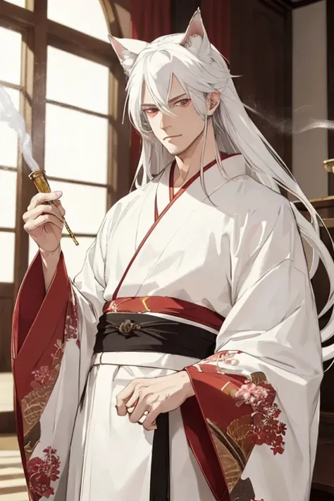 ((The best quality)), ((Masterpiece)), (DETAILED), man with white hair long to the waist, red eyes, white cat ears, white and gold kimono, lighting incense 