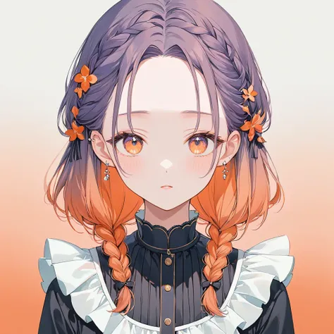 one woman,pastel,hair gradient,red and orange gradient,the base is red,the hair is orange,center-parted bangs,put on a hair pin,...