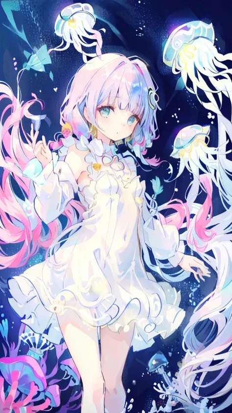 Cute girl yeah,Flat chest,Kawaii,(Jellyfish Girl:1.2), Hands behind your back,Underwater,Ruffle dress,