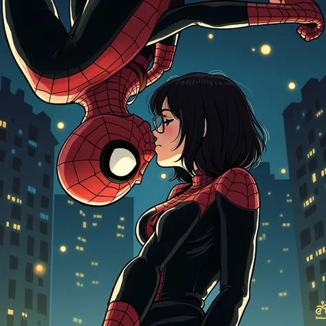 Pretty girl with glasses, short black hair to shoulder length, dressed as black spiderman, kissing spiderman and spiderman being upside down