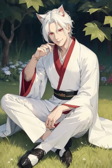 ((The best quality)), ((Masterpiece)), (DETAILED), man with white hair long to the waist, red eyes, white cat ears, white and gold kimono, sitting in the grass, smiling kindly