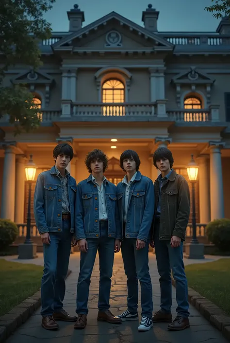 Create a front and back album cover that has as its main image 4 boys dressed in 70s style denim and behind it is a luxurious house from that time, at night and a lantern illuminates them