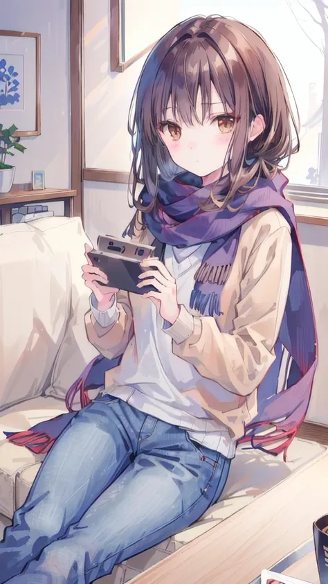 bell, Japanese cartoons, Brown hair, Medium chest, Brown eyes, A faint smile, jeans, scarf, Grey sweatshirt, Blue pants, Sitting, Cross-legged, Inside the smart home, Sitting on the couch, Asada Shino&#39;s face, Japanese cartoons Sword Art Online, Best qu...