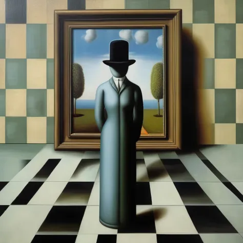 rené magritte style - a painting in the style of rené magritte on a checkerboard with the mona lisa in the background