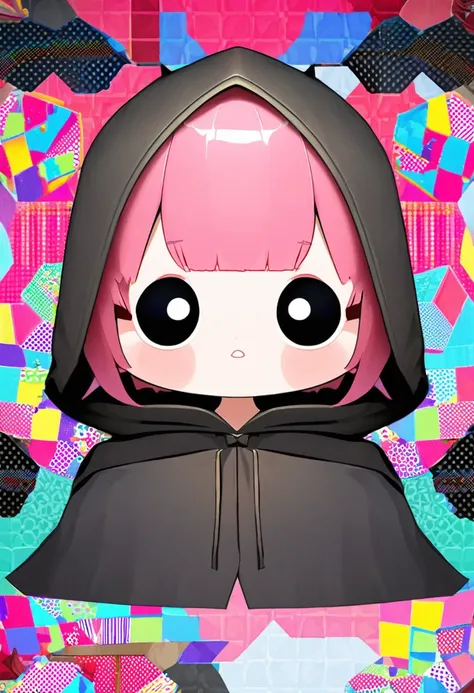 portrait, kawaii chibi character girl, pink bob haircut, cute big round eyes, expressive, wearing dark brown hooded mantle robe, background vivid color pattern patchwork wallpaper, conceptual installation art, BREAK delicate and dynamic textures, 2.5D, dig...