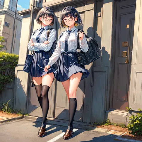 masterpiece, Best quality, Ultra Detailed, illustration,, (Fully equipped:1.4), 1 Girl, Glasses, Small chest, tie, skirt, Bag, School Uniform, Black Hair, outdoor, road, Between breasts, street, school Bag, Ground Vehicles, Community, Japan,,  