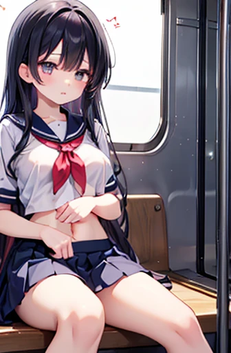 Several female students、Highest quality、Sailor Mars、Beautiful legs、((slender))、mini skirt、train、trainの4人掛けボックスシートに座っている、((Side view))、((Top view))、((Big Breasts))、((Nipple protrusions push up the uniform))、Crop top、Even in her uniform, her cleavage is visi...