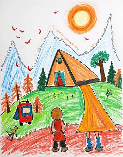 children-drawing, colorful, hand-drawn picture, artistic landscape, scene, hill, house on top, smaller house, slope, sun, sky, houses, vibrant atmosphere, trees, depth, detail, overall composition, person, picturesque setting, view, daily activities