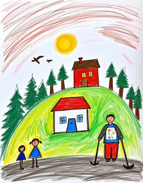 children-drawing, colorful, hand-drawn picture, artistic landscape, scene, hill, house on top, smaller house, slope, sun, sky, h...