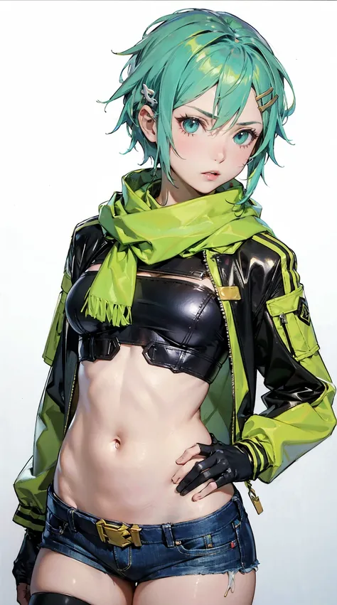 1girl, sinon, sword art online, short hair, aqua hair, aqua eyes, scarf, fingerless gloves, long sleeves,micro denim shorts, hair ornament, hairclip, green thighhighs, green jacket, thigh strap, serious, lie on one’s stomach, (masterpiece:1.2), (best quali...