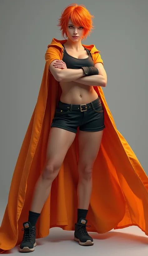 standing, full-body shot, grey background, simple background, masterpiece, highres, Woman, strong, short orange hair, orange eyes, bold, passionate, grin, black shorts, black sports bra, orange cloak, black crop top, fire mage, arms crossed over the chest,...