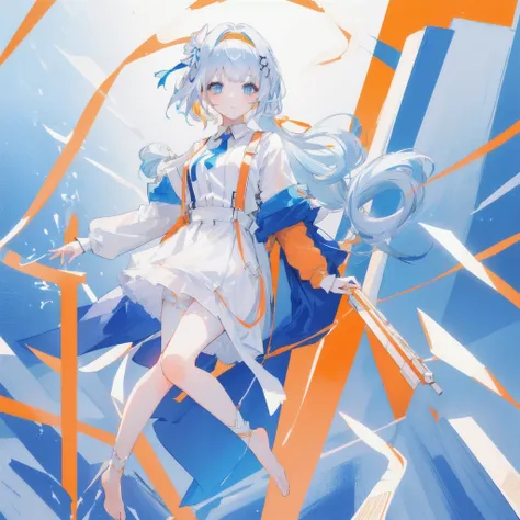 1 Girl, Orange sleeves, White hair, White skin, Light blue hair accessories, Blue suspenders, Blue clothes, Light blue eyes, barefoot, Double braid