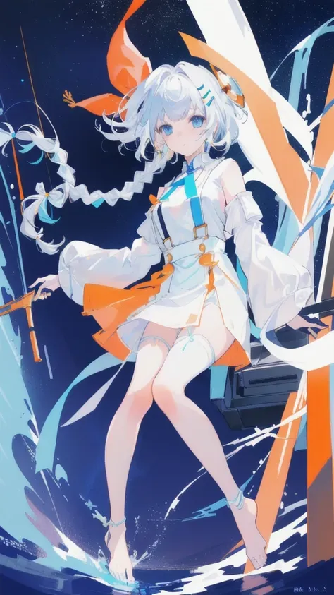 1 Girl, Orange sleeves, White hair, White skin, Light blue hair accessories, Blue suspenders, Blue clothes, Light blue eyes, barefoot, Double braid