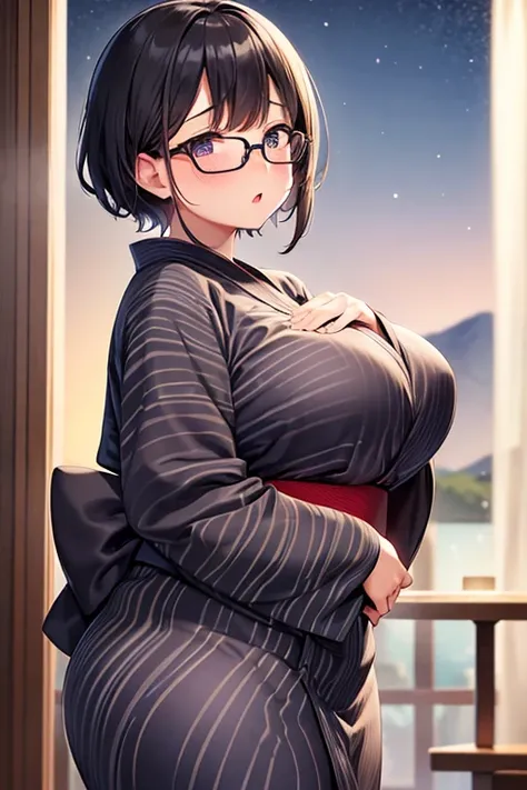 Chubby busty woman with glasses、Mature Woman、Simple short black hair、Night in the mountains、yukata、Dressed casually、Being persuaded、Astonishment、Puzzled、blush、One person、High resolution ,Best Quality, accurate, High detail, 