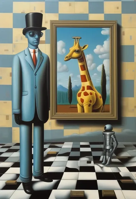 rené magritte style - a painting in the style of rené magritte on a checkerboard with the mona lisa in the background and a robo...