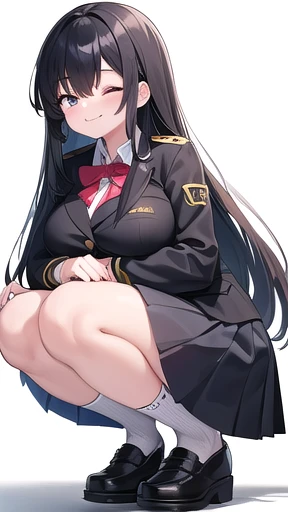 1 girl, Game CG,((High school girl、Uniform、skirt)),((Big Breasts)), Black Hair, Long Hair, Straight hair,  Black Eyes, ((Smiling with one eye closed)), white background,((Squat、Look forward、From head to toe)),Large Breasts、