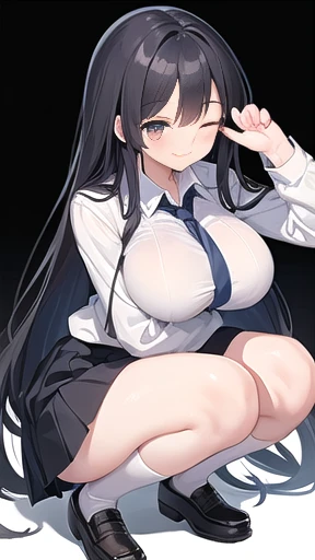 1 girl, Game CG,((High school girl、Uniform、skirt)),((Big Breasts)), Black Hair, Long Hair, Straight hair,  Black Eyes, ((Smiling with one eye closed)), white background,((Squat、Look forward、From head to toe)),Large Breasts、