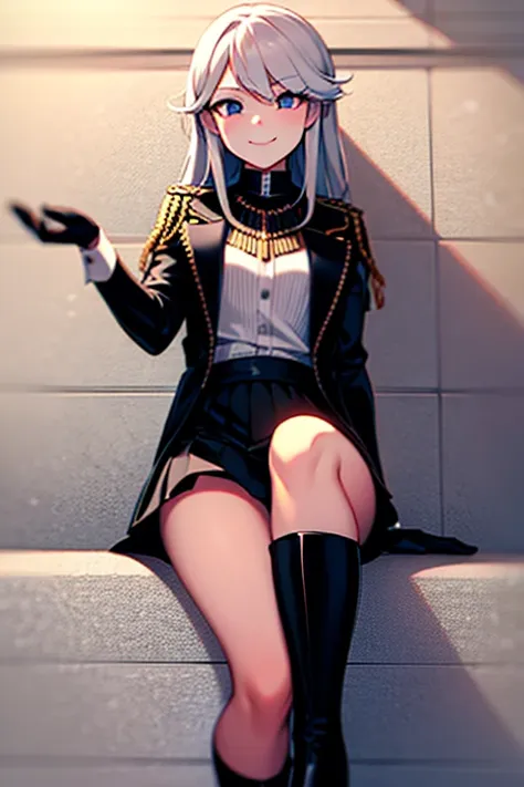 girl, black jacket,short black skirt, black boots, long white hair,Black gloves, little smile.