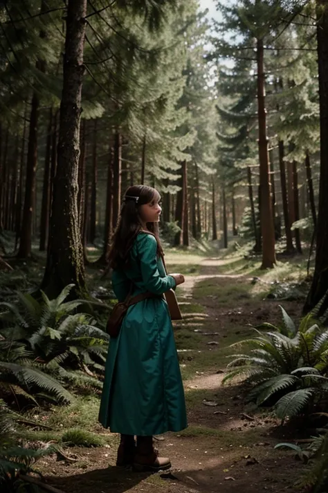 Illustration for a fairy tale about a girl, stands in the forest, who knows how to talk to animals