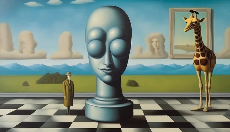 René Magritte Style - A painting in the style of René Magritte on a checkerboard with the Mona Lisa in the background and a robot giraffe 