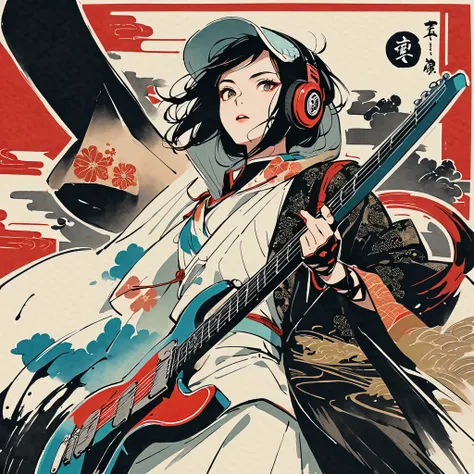 (((Ink Painting))), ((Standing in armor)), (((From below))), (((samurai))), (((Japanese style headphones))), (((Japanese pattern hoodie))), (((Put on the bonnet))), (((Electric guitar))), Japan人のsamurai, Black Hair, Delicate and precise, Modern Ukiyo-e Sty...