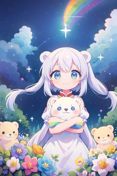 (masterpiece、Best Quality、super high quality、Beautiful and beautiful:1.2)、(Child with rainbow braids)、Happy smiling face、(theme:Gentle White&Handmade feel)、Adult Suit、Lace ribbon、Abundant、Holding a Polar Bear、Warm atmosphere、Dreamlike composition、Magical、A...