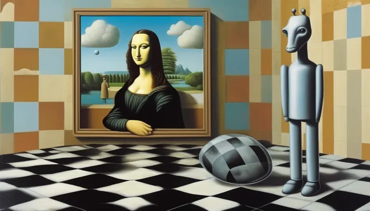 René Magritte Style - A painting in the style of René Magritte on a checkerboard with the Mona Lisa in the background and a robot giraffe 