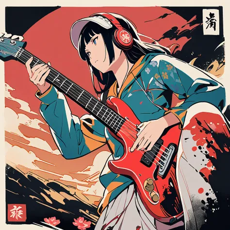 (((Ink Painting))), ((Standing in armor)), (((From below))), (((warrior))), (((Japanese style headphones))), (((Japanese pattern hoodie))), (((Put on the bonnet))), (((Electric guitar))), Japan人のwarrior, Black Hair, Delicate and precise, Modern Ukiyo-e Sty...