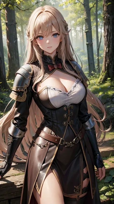 Best quality, masterpiece, Ultra-high resolution, Strong women, Long curly hair, Leather Armor, Medieval clothing, Shooter, Delicate bow, Mystical Runes, magic, Detailsed background, forest, extreme details, 4K,  