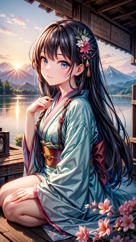 Best quality, masterpiece, extremely detailed, detailed background, detailed eyes, Japanese cartoons, 1 Girl, beauty的眼睛, Young Girls, Long hair girl, Rich in expression, kimono, Retro, 富士山 wind景, outdoor, Sunset, beauty的天空, Picnic by the lake, wind景, scene...