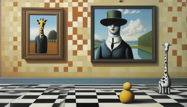 rené magritte style - a painting in the style of rené magritte on a checkerboard with the mona lisa in the background and a robo...