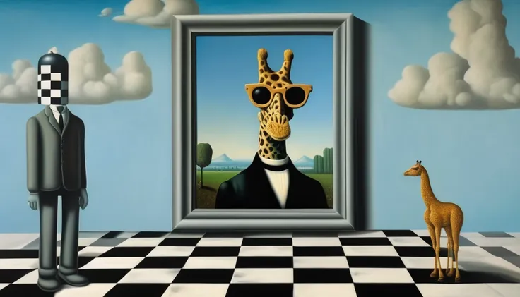 rené magritte style - a painting in the style of rené magritte on a checkerboard with the mona lisa in the background and a robo...