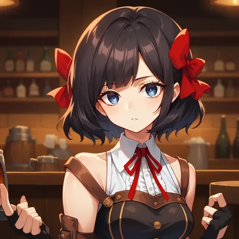 1girl, Absolutely, black hair, short hair, red 2 hair bows on both sides of the head:1.6, red bow, blue eyes, red ribbon, black thigh-high boots, fingerless gloves black shorts, black dress, White collar, Brown belt, Tavern, masterpiece、Beautiful attention...