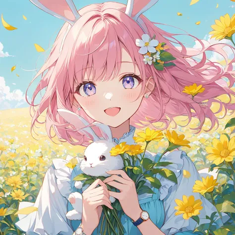 One woman,pastel,Pink Hair,Long Hair,Blowing in the Wind,Very refreshing,Fluffy hair,ソフトなpastelタッチ 目を閉じて,Triangular Mouth,Cartoony,The best smile,A good scene,Holding a white rabbit Flower field background,Yellow Flower,A masterpiece in the light,Best Qual...