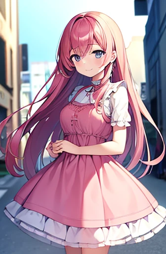 masterpiece, best quality, 1girl, smile, dress, pink skin, long hair, street, solo