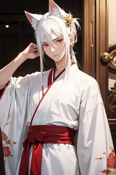 ((The best quality)), ((Masterpiece)), (detailed), man with white hair long to the waist, red eyes, white cat ears, white and gold kimono, 