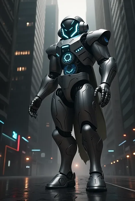 a humanoid robot with a metallic body, glowing blue eyes, intricate gears and machinery, standing in a futuristic cityscape with towering skyscrapers, neon lights, and a hazy, atmospheric background, (best quality,8k,highres,masterpiece:1.2),ultra-detailed...