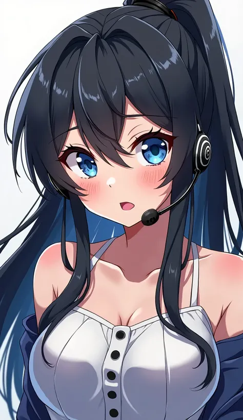 1 , high resolution, Long hair, breasts, fringe, blue eyes, black hair, ponytail, medium shot, blue hair, tongue out, dutch angle, headset, detail, details altos, quality, high quality, HD model, high resolution, Necessary, masterpiece, Ultra HD, anime sty...