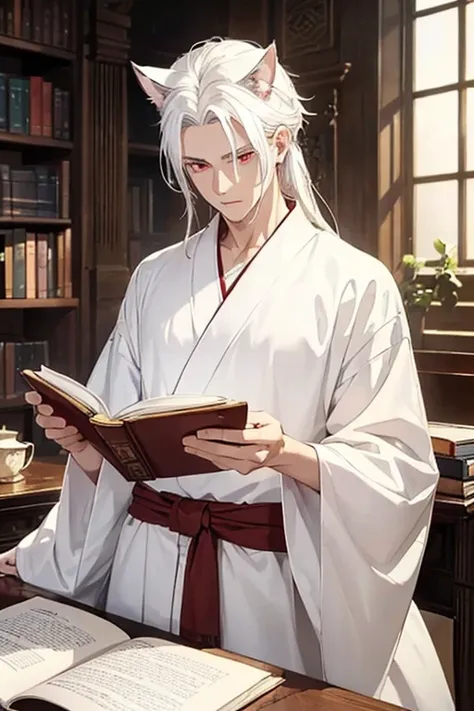 ((The best quality)), ((Masterpiece)), (detailed), man with white hair long to the waist, red eyes, white cat ears, white and gold kimono, READING A BOOK 
