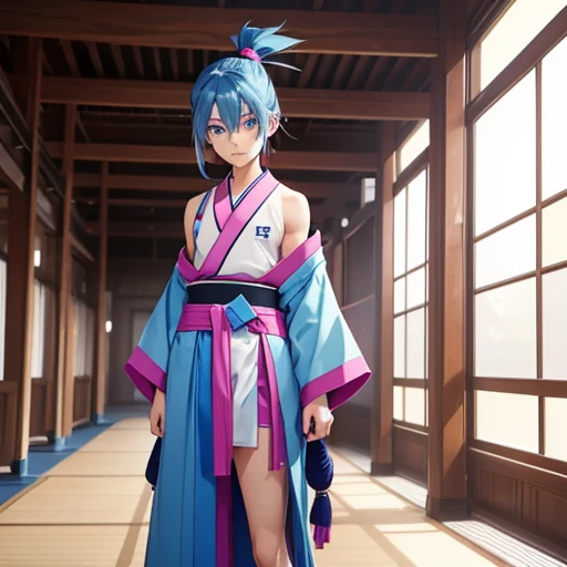 A 14yearold boy with blue hair in a ponytail, blue eyes, thin waist, wearing a pink and blue combination color kyudo kimono that reveals his slender shoulders, sexy kemono, short, full body, shoulder skin , Halter-Neck Outfit