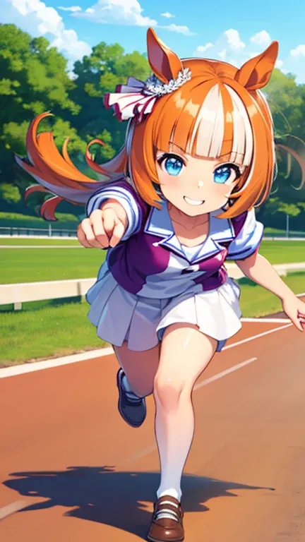 (masterpiece, best quality), 1girl. Yayoi Akikawa, whole body, smiling. running pose, looking at the viewer, outdoor, racetrack, in the morning,