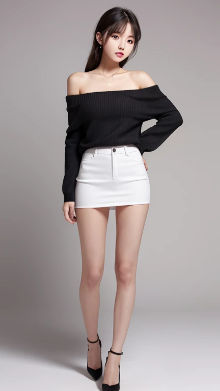 ((Best Quality)), ((masterpiece)), (detailed), One girl, Off-the-shoulder sweater,full body shot, white background, no background, flat background