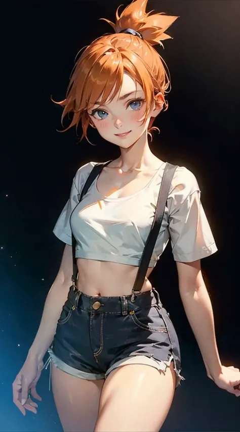 masterpiece, best quality, sharp focus, depth of field, cinematic lighting, orange hair, misty (pokemon), short hair, side ponytail, smile, blush, navel, shorts, blue eyes, suspenders, shirt, crop top, midriff, short shorts, (high-waist shorts, highleg sho...