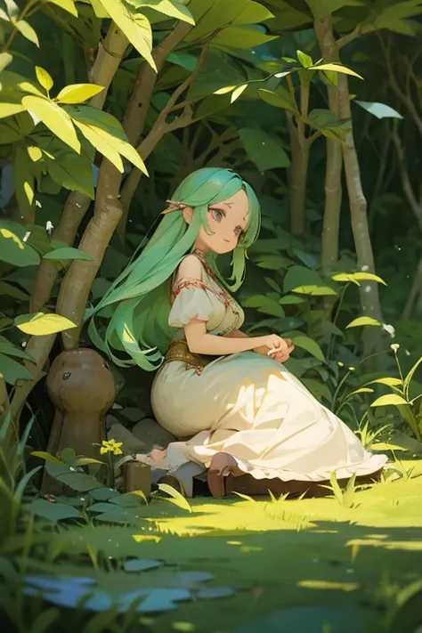 Illustration of a girl from a fairy tale, located in the forest talking to animals