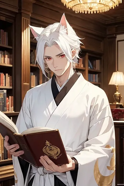 ((The best quality)), ((Masterpiece)), (detailed), man with white hair long to the waist, red eyes, white cat ears, white and gold kimono, READING A BOOK 
