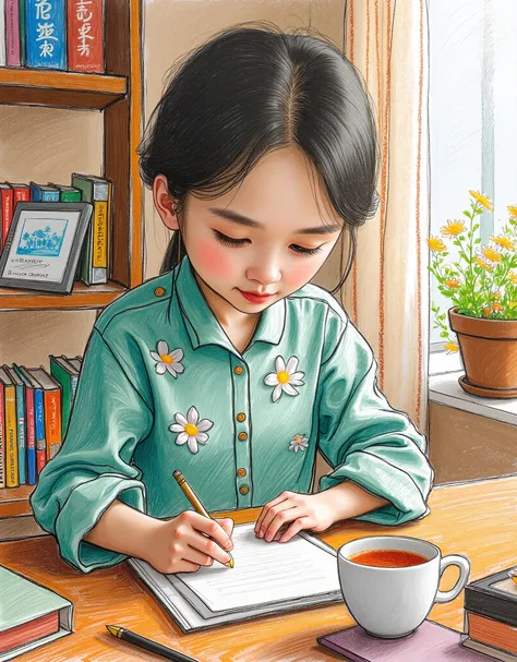 1 Girl，Wearing light green shirt with white flowers，Wearing glasses and looking at the screen，There are books and stationery on the desk，A cup of tea，There are flowers on the windowsill，Hollow tulle curtains，There is a bookcase next to it.，The sunlight shi...