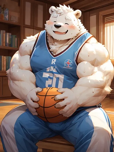 polar bear，Fat，Round Face，Chubby，Strong muscles，White fluff，White eyebrows，White hair，solitary，Fat-encapsulated muscle，(((Endocrine)))，Mature，Strong，(Buttock bulge)，((Full body portrait))，(篮球场的rest室)，rest室，In the room，Sitting，rest，Sunlight，masterpiece，High...